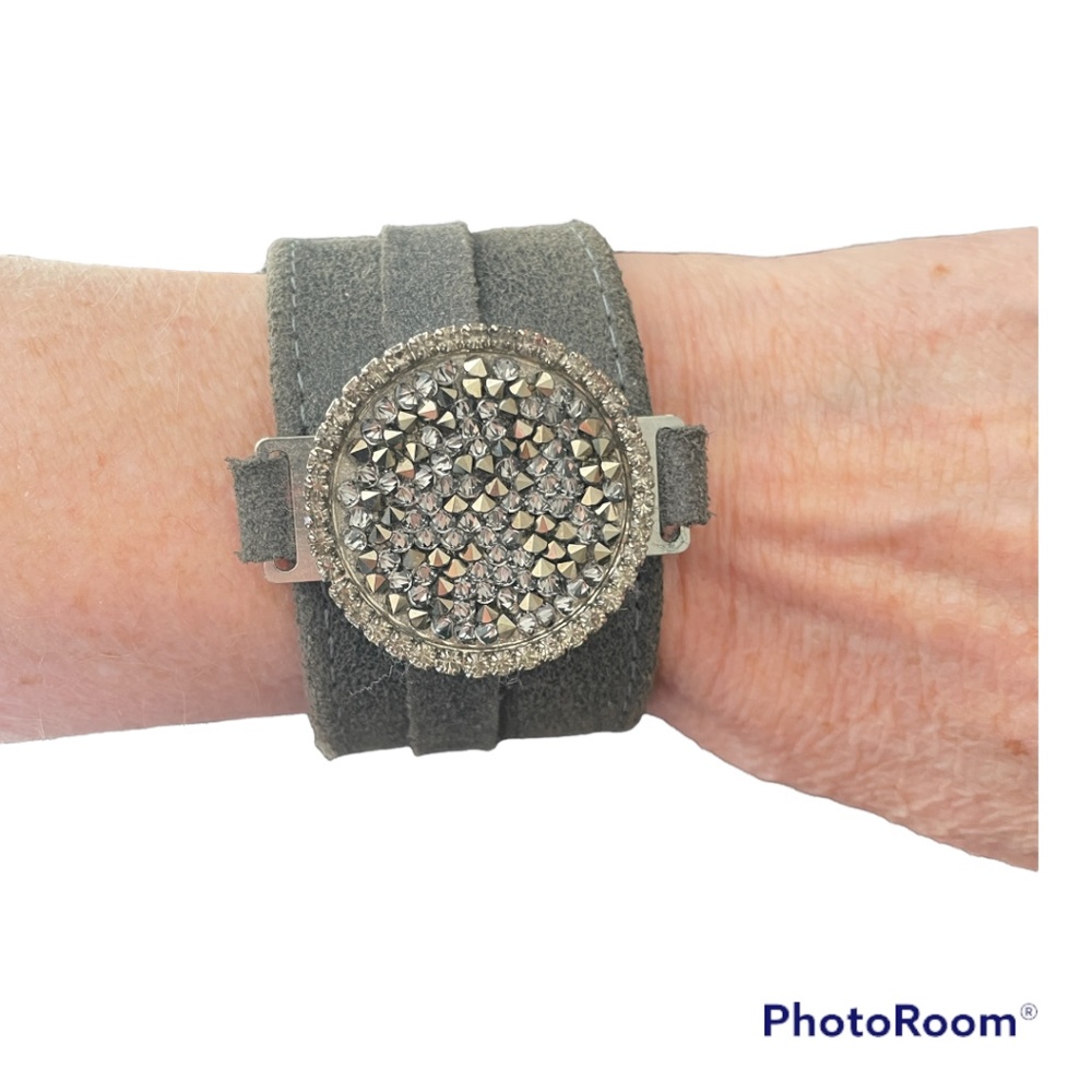 Grey  leather cuff with crystal